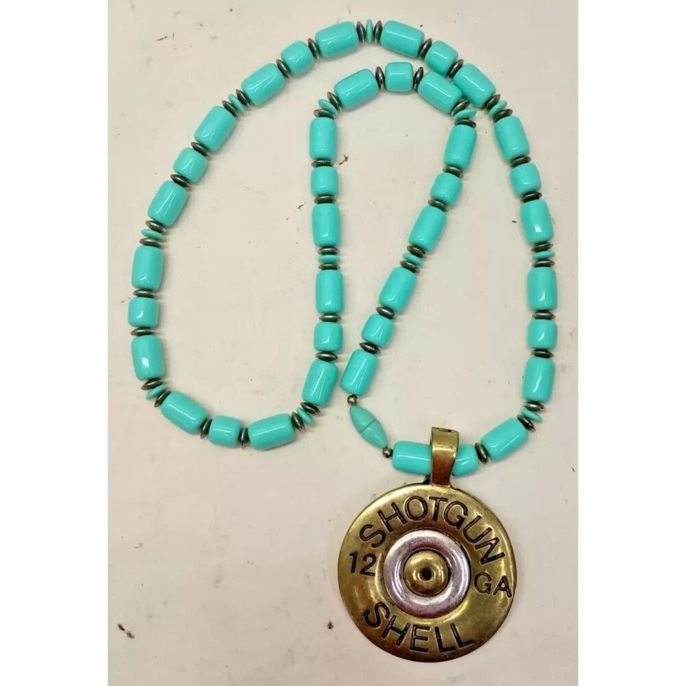 Native American 12 Guage Pendant Necklace w Turquoise, Amber and Seashell beads